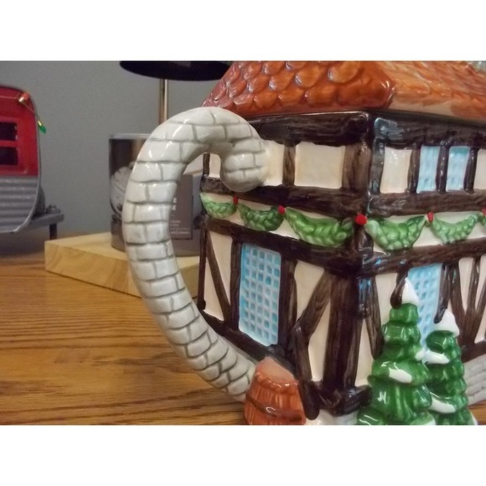 Vintage Victorian Christmas Village Ceramic Teapot Holiday Cottage Decor
